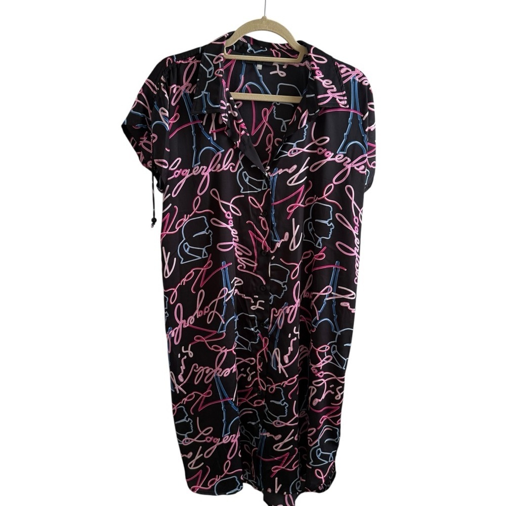 Karl Lagerfeld Paris Womens Black Pink Blue Logo Print Shirt Dress
